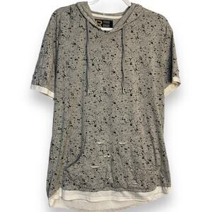 LR Scoop Hooded T-Shirt Mens XL Gray Distressed Pocket Casual Streetwear Layered